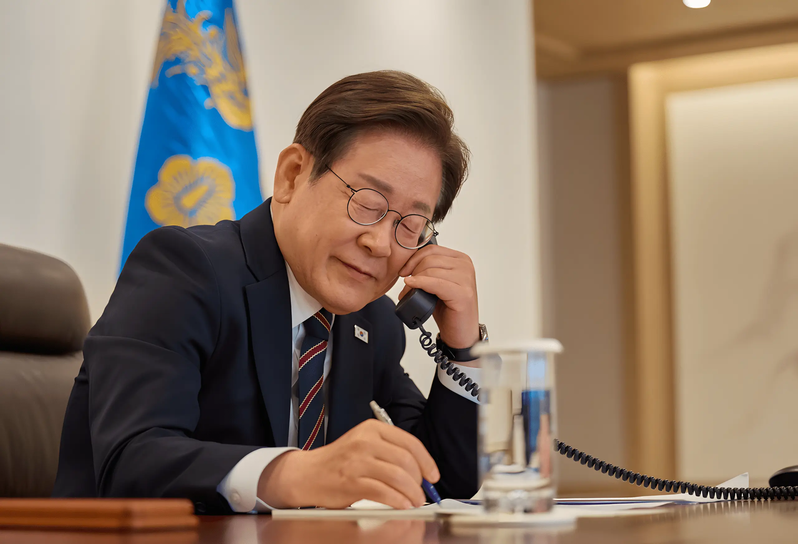 대통령이 수화기를 들고 웃으며 전화를 하는 모습